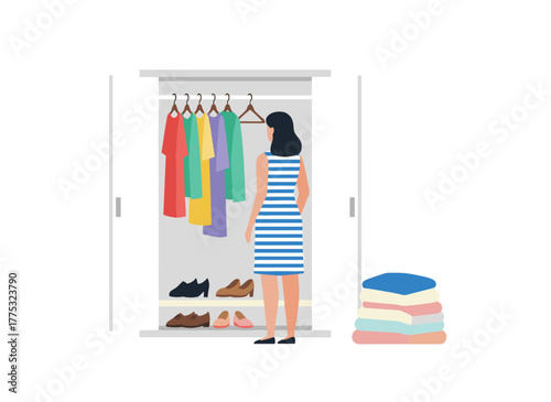 A cute girl stands before an open wardrobe, with clothes hanging inside and a pile of garments on the floor, illustrating the concept of closet decluttering and organization in a bright flat cartoon