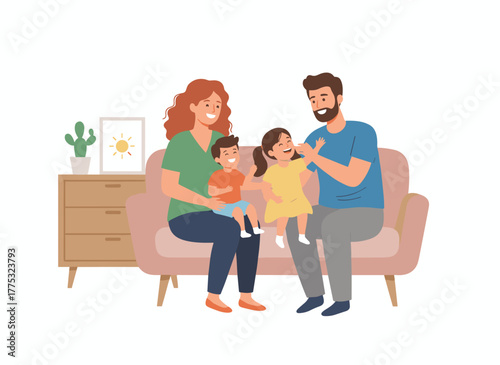 A cheerful family smiles while sitting on a couch in a flat vector illustration, with joyful parents and children spending time together at home, and the mother, father, son, and daughter reveling in