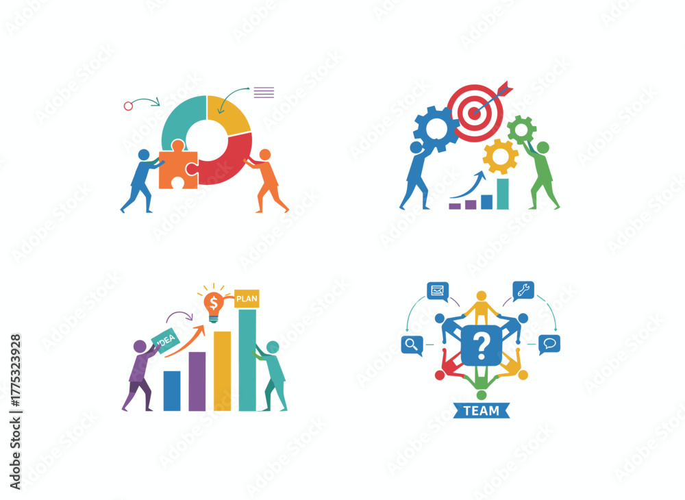 Fototapeta premium Group of individuals arranging abstract geometric shapes dispersed around them, featuring young men and women gathering figures, illustrating teamwork in a modern flat vector style