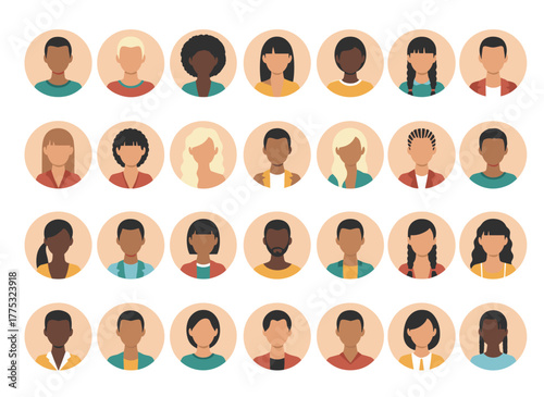 A vector flat illustration featuring portraits of a diverse business team, with isolated avatars of smiling colleagues, including a man and a woman framed in a round shape