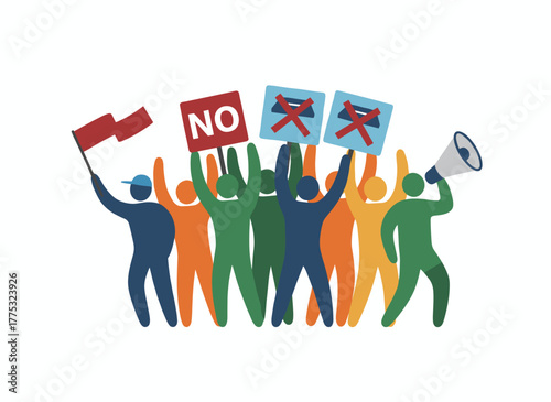 Illustration of a diverse crowd at a demonstration, featuring an angry man and woman holding a megaphone and placard, depicting an aggressive protester at a political meeting, parade, or rally