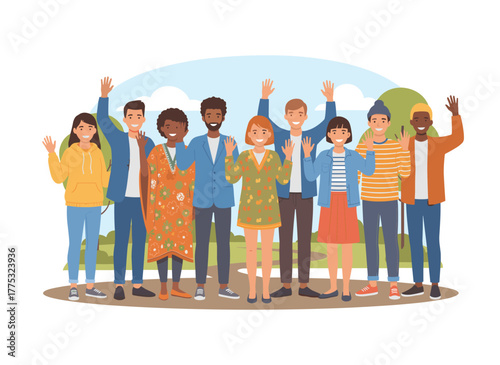 A diverse, multicultural group of people waves, greets, and welcomes; a portrait of multi-ethnic men and women standing together, depicted as a colored flat cartoon vector illustration on a white