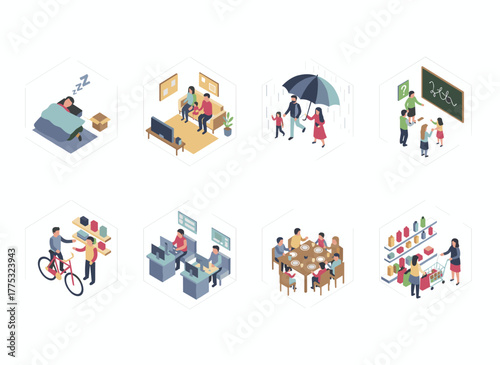 Illustration depicting the issue of poverty and social inequality through scenes of a homeless man on the street, a refugee family, children in a ghetto school, and impoverished residents in a slum