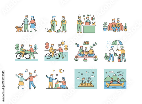 Illustration set depicting everyday scenes of a young romantic couple: a boy and girl walking a dog, tidying the house, cooking, washing clothes, and shopping, rendered in flat vector style
