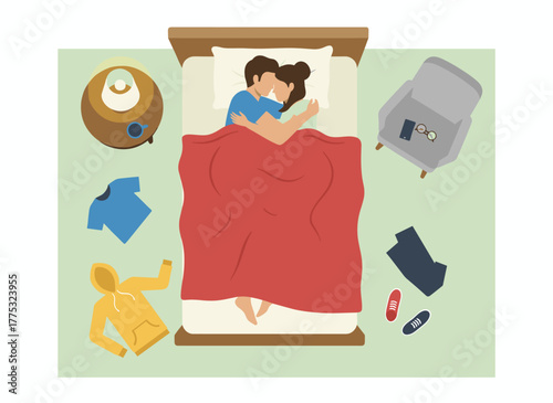 A cute romantic couple lies in bed together after sex, cuddling with clothes scattered around, depicting an intimate or sexual relationship between a young man and woman, illustrated as a colorful