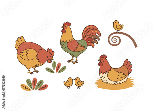 A charming cartoon vector illustration of a rooster, hen, and chicks against a white background, depicting a cozy family of domestic poultry