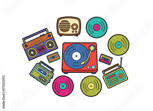 Illustration of a collection of retro analog music players—including a cassette recorder, headphones, tape, jukebox, and boombox—alongside vintage audio equipment such as a turntable and vinyl