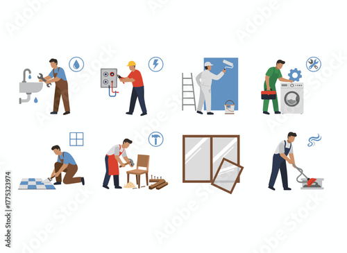 A collection of smiling home repair professionals illustrated in flat vector style, featuring plumbers, painters, plasterers, tilers, and electricians, presented separately on a white background