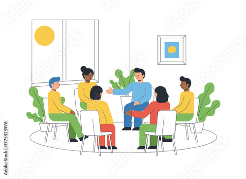 A group of women sit in a circle on chairs, engaging in a therapeutic conversation, illustrated as a vibrant vector in a modern flat style