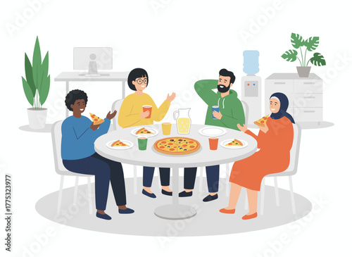 Colleagues dine together at the office dining table for a business lunch, while they share pizza during a break; employees and coworkers relax and chat, all depicted in a flat vector illustration on