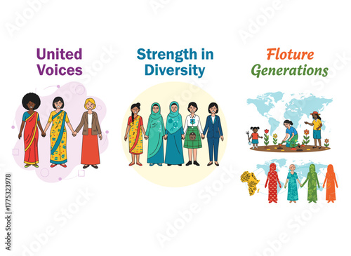 A collection of modern card templates featuring diverse multiethnic girls for International Women's Day, including an 8 March inscription and a space for text, presented as colorful flat vector