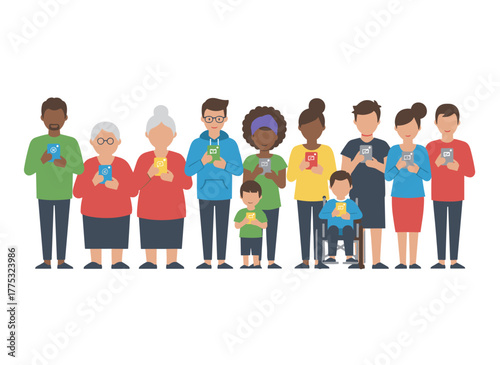 Illustrations depict people holding and using mobile phones, with characters holding smartphones, men and women surfing the internet and chatting, presented as flat vector graphics on a white