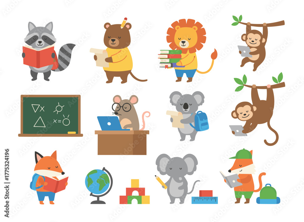 Naklejka premium A set of cute animal students or pupils engaged in studying, writing, and reading books, featuring a back‑to‑school theme with humorous cartoon characters on a white background, rendered in flat