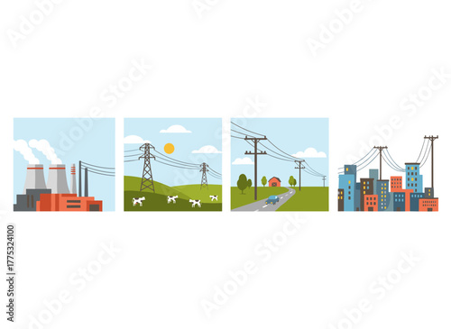 A collection of urban and natural scenery featuring high‑voltage power towers for electricity transmission and distribution, depicted as a colored flat vector illustration of a powerline network