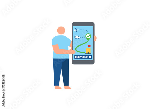 A horizontal banner featuring a hand holding a smartphone displaying a map, various modes of transport, and a location marker; it showcases online delivery tracking with a vibrant flat cartoon vector