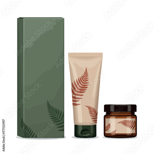 Product display of skincare packaging with a green box, tube, and jar featuring leaf designs on a white background.