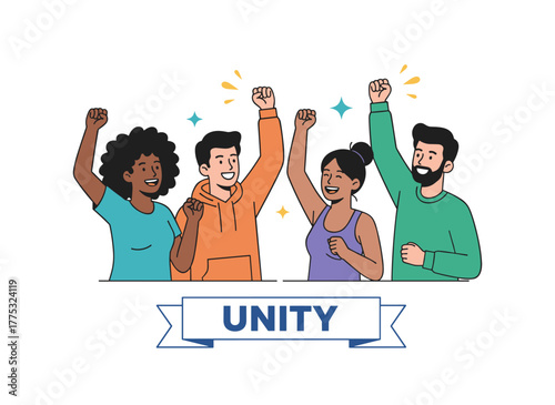 A happy team of young people celebrates business and work success with joy and fun, while winning colleagues rejoice and exult together, raising their hands, all illustrated in a flat vector style on