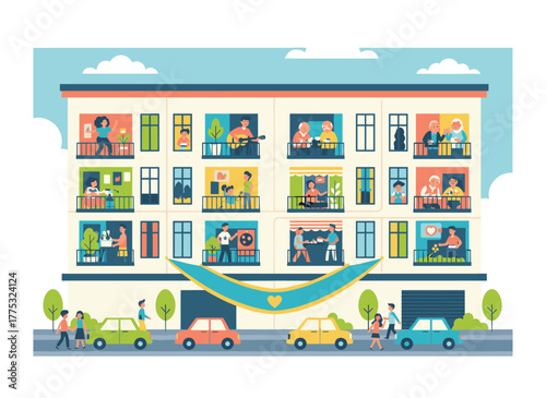 Concept of staying home during the coronavirus isolation period: people work, relax, and exercise at home while neighbors can be seen through windows and balconies, all depicted in a flat cartoon