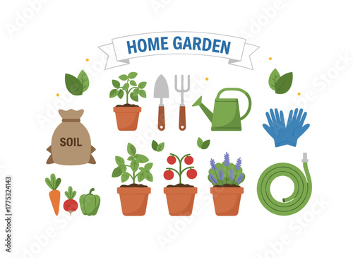 A set featuring two female gardeners and various gardening tools—watering can, fruit baskets, seeds, pruner, trowel, rubber boots, gloves, seedlings, and potted plants—depicted as a flat-style