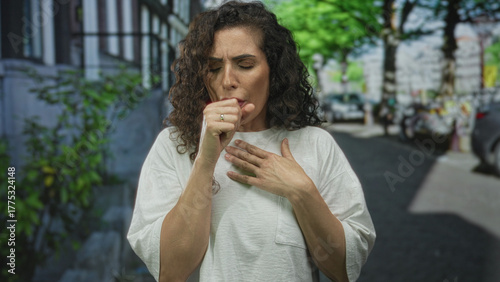 Tablou pe pânză Woman standing coughs into hand and holds chest on bustling city street at midday; respiratory discomfort