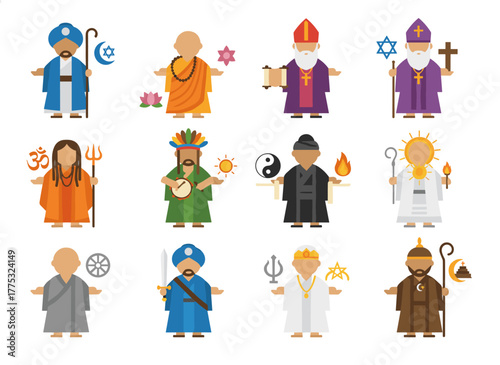 A collection of religious figures: Buddhist monk, Christian priests, patriarchs, Jewish rabbi, Muslim mullah, Sikh, Hindu leader, Krishnaite, rendered in a colorful vector illustration