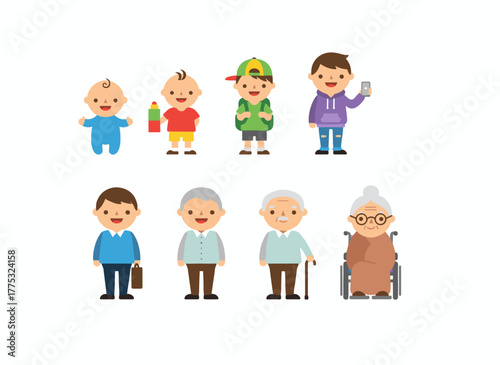 Illustration of the life cycle of men and women, showing stages from baby to old age with flat cartoon characters in vector style