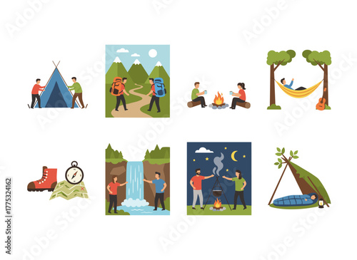 A vibrant flat vector illustration depicting young romantic couples on a hiking adventure, camping trip, pitching tents, lounging in hammocks, climbing mountains, and backpacking