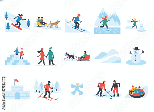 A set of male and female cartoon figures engaged in winter sports, depicted in flat vector style, featuring men and women in outerwear skiing, ice skating, snowboarding, and playing hockey