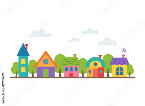 Adorable Scandinavian-style houses and city buildings create a cozy town panorama featuring home exteriors and Scandi architecture, with an urban street showing chimneys and smoke, rendered as a flat