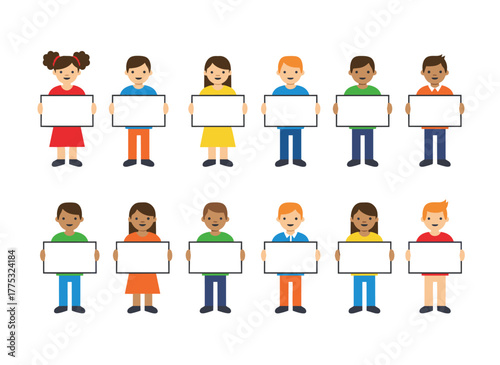 Illustration of cheerful young men and women holding pristine placards, featuring a bundle of happy male and female cartoon characters showcasing empty banners, rendered as a colorful flat-style