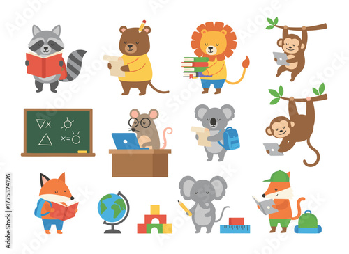A set of cute animal students or pupils engaged in studying, writing, and reading books, featuring a back‑to‑school theme with humorous cartoon characters on a white background, rendered in flat