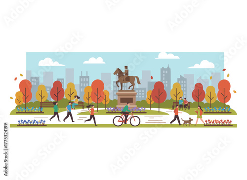 A vector illustration depicts people walking through an autumn park, while citizens stroll the city center’s recreational area, showcasing fall nature and outdoor activities amid orange trees and