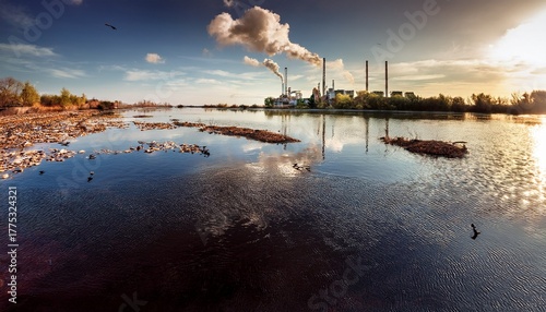 a stark visualization of industrial pollution impact on natural water sources and aquatic life