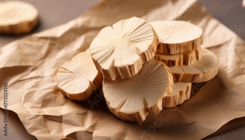 Close Up Astragalus Root Slices Piles On Kraft Paper