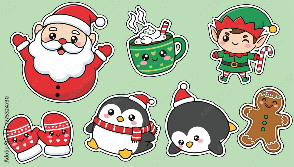 Fototapeta premium Cute Christmas Stickers Featuring Santa and Holiday Elements