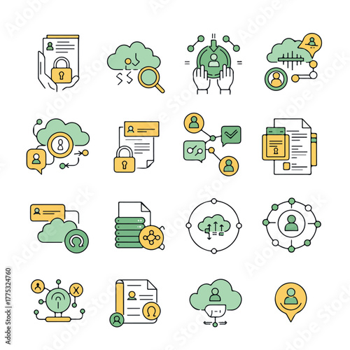 Collection of green, yellow, and black line icons depicting various cybersecurity and data protection concepts on a white background.