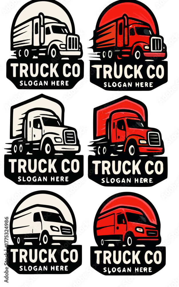 Obraz premium Six truck logo designs, three in white and three in red, with space for a slogan.