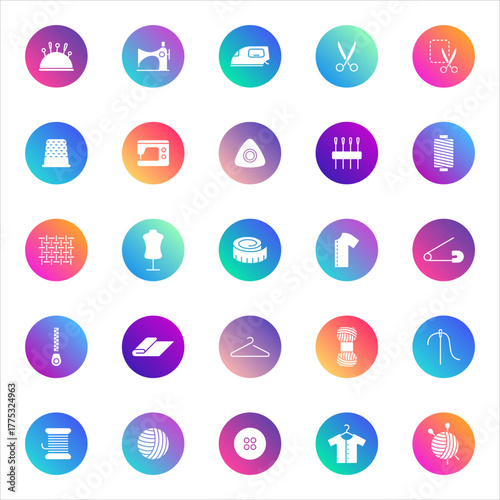 Sewing, tailoring, craft. Vector set of 25 round gradient icons featuring tools, fabrics, garments, and accessories for fashion design, DIY, and creative UI applications.