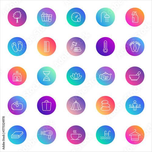 Wellness, spa, relaxation. Vector set of 25 round gradient icons featuring bathing, massage, tea, towels, beauty tools, and cozy elements for UI and health-related design.
