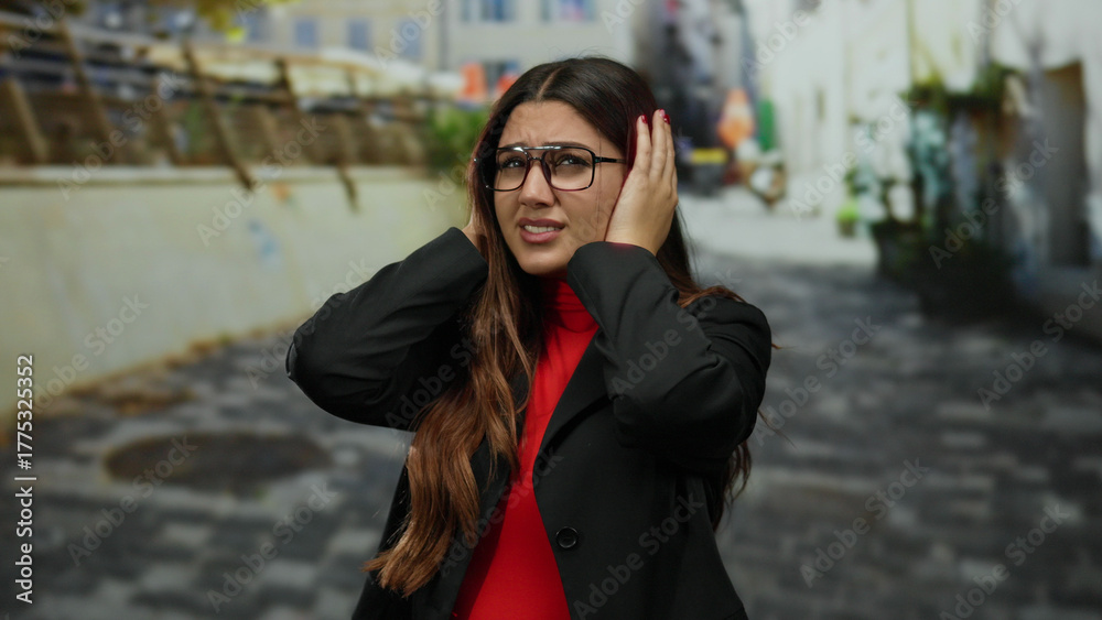 Obraz premium Woman in frustration covering ears on a city street wearing glasses and black jacket outdoors during daytime.