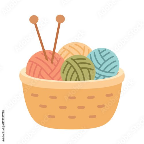 basket with threads and knitting needles