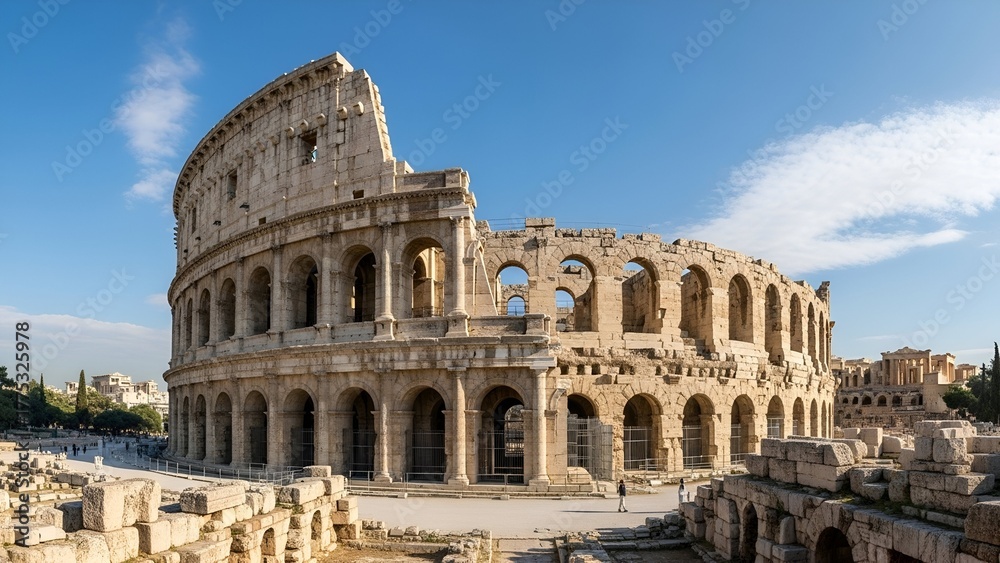 Obraz premium Colosseum Ancient Stone Ruins Under Sunny Blue Sky in Cityscape