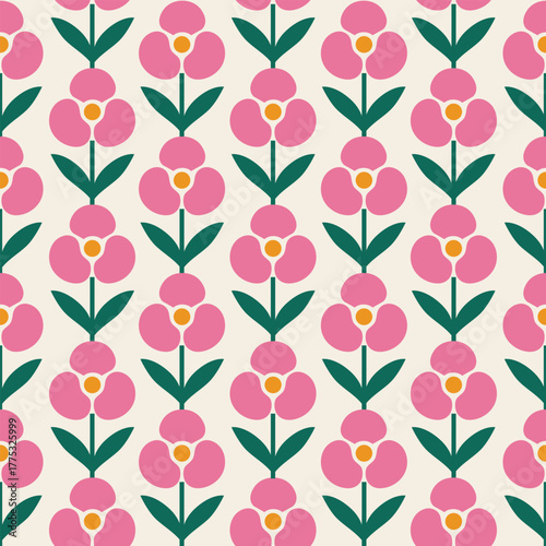 seamless repeating flower pattern featuring stylized, geometric flowers in pink. Perfect for fashion, textiles, kids' items, and digital backgrounds. Usage for Wall Art, Fashion, Minimal Packaging