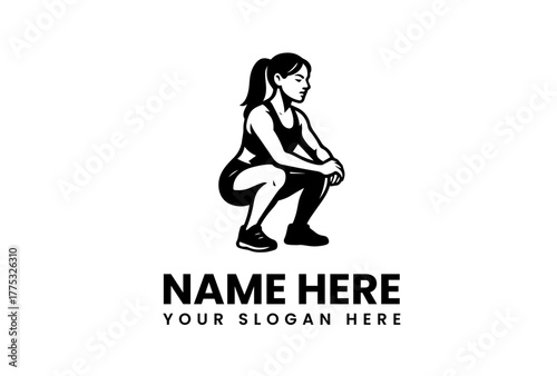 Fitness Woman Squatting Illustration, Personalized Gym Logo Design with Placeholder Text for Name and Slogan