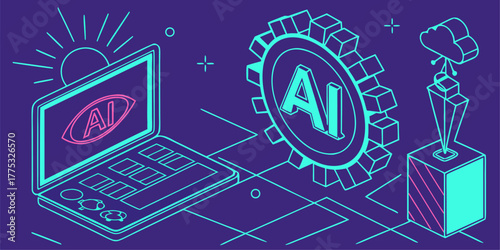 Digital neon portal frames, glowing AI interface elements with blue light, futuristic technology background for UI UX design.