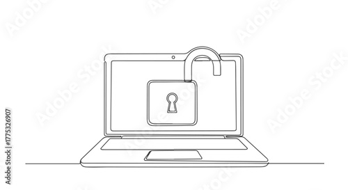 Continuous one line drawing of a laptop with an unlocked padlock on its screen, symbolizing open digital access, data security, and cyber freedom