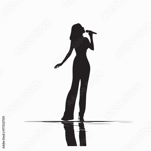 Female Singer Silhouette with Microphone isolated on white background