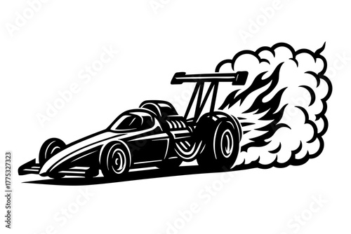 jet drag race car blasting off with flames and smoke, aerodynamic body