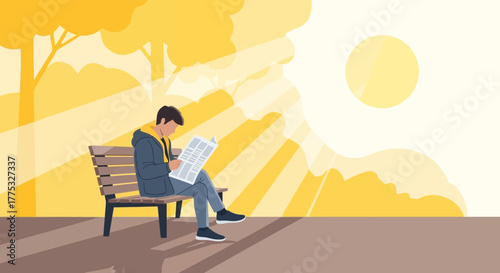Person Reading Newspaper on Bench in Park Enjoying Sunshine Day Illustration