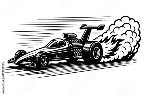 jet drag race car launching from start line with motion lines and smoke